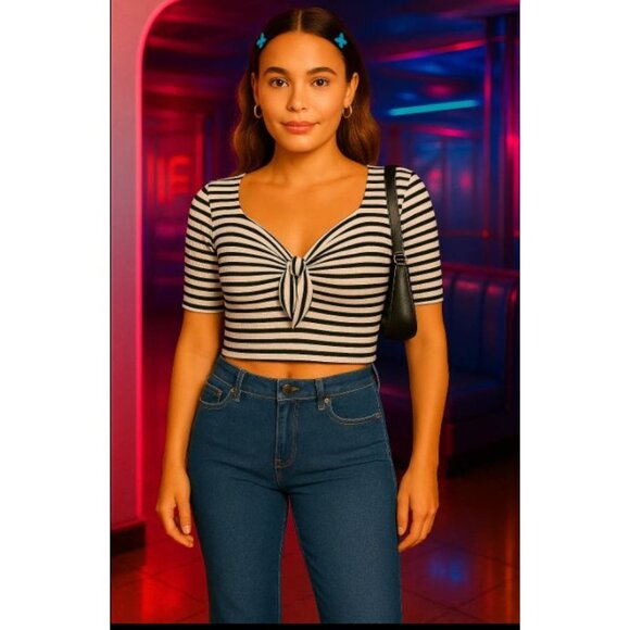 Wild Fable M Ribbed Sweetheart Neck Tie Front Cropped Black Pink Stripe Top Y2K - Picture 10 of 11